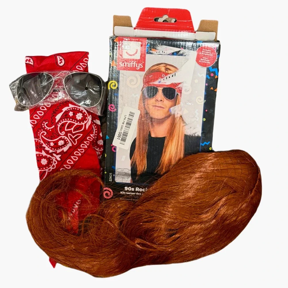 NWT Smiffys 90s Rocker Kit Auburn Wig Red Bandana Aviator Sunglasses